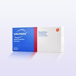 Packung mit Tabletten Valtrex 500mg